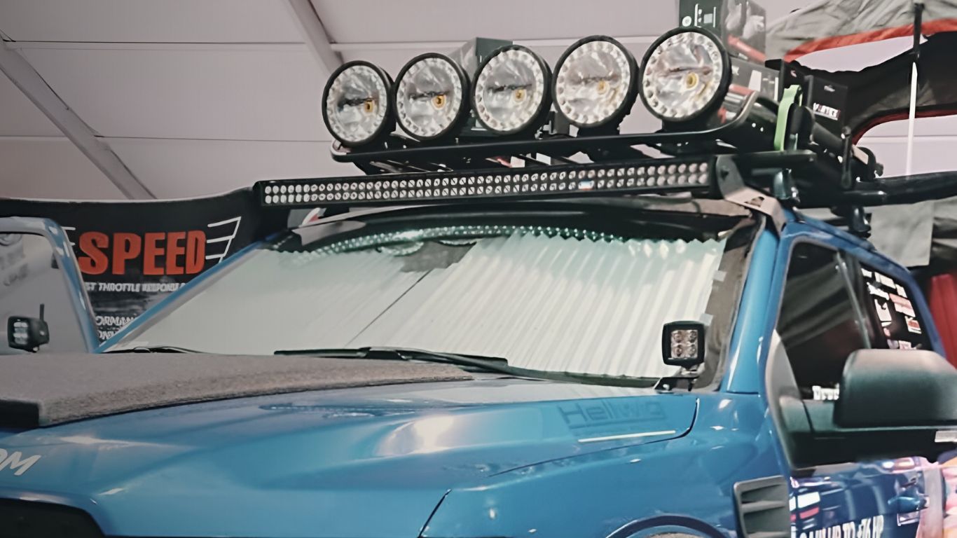 Durable car sun shade protecting windshield from heat and UV rays.